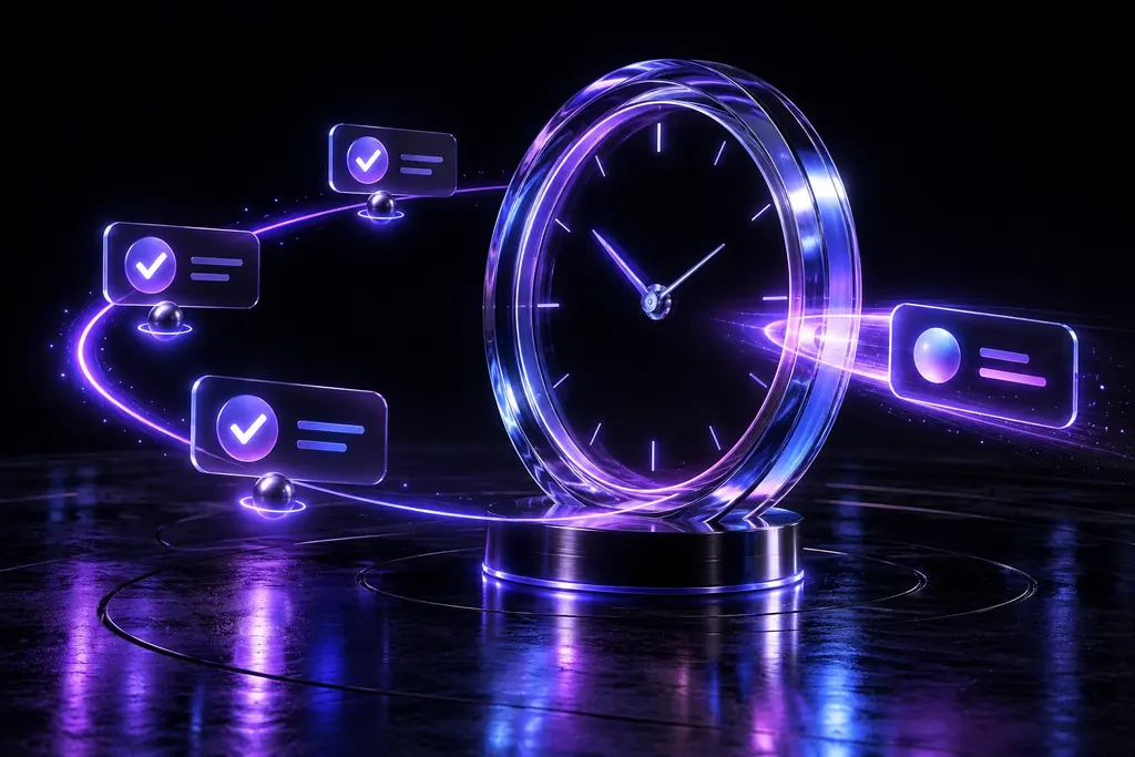 Task nodes orbiting a glowing clock ring, three already checked off