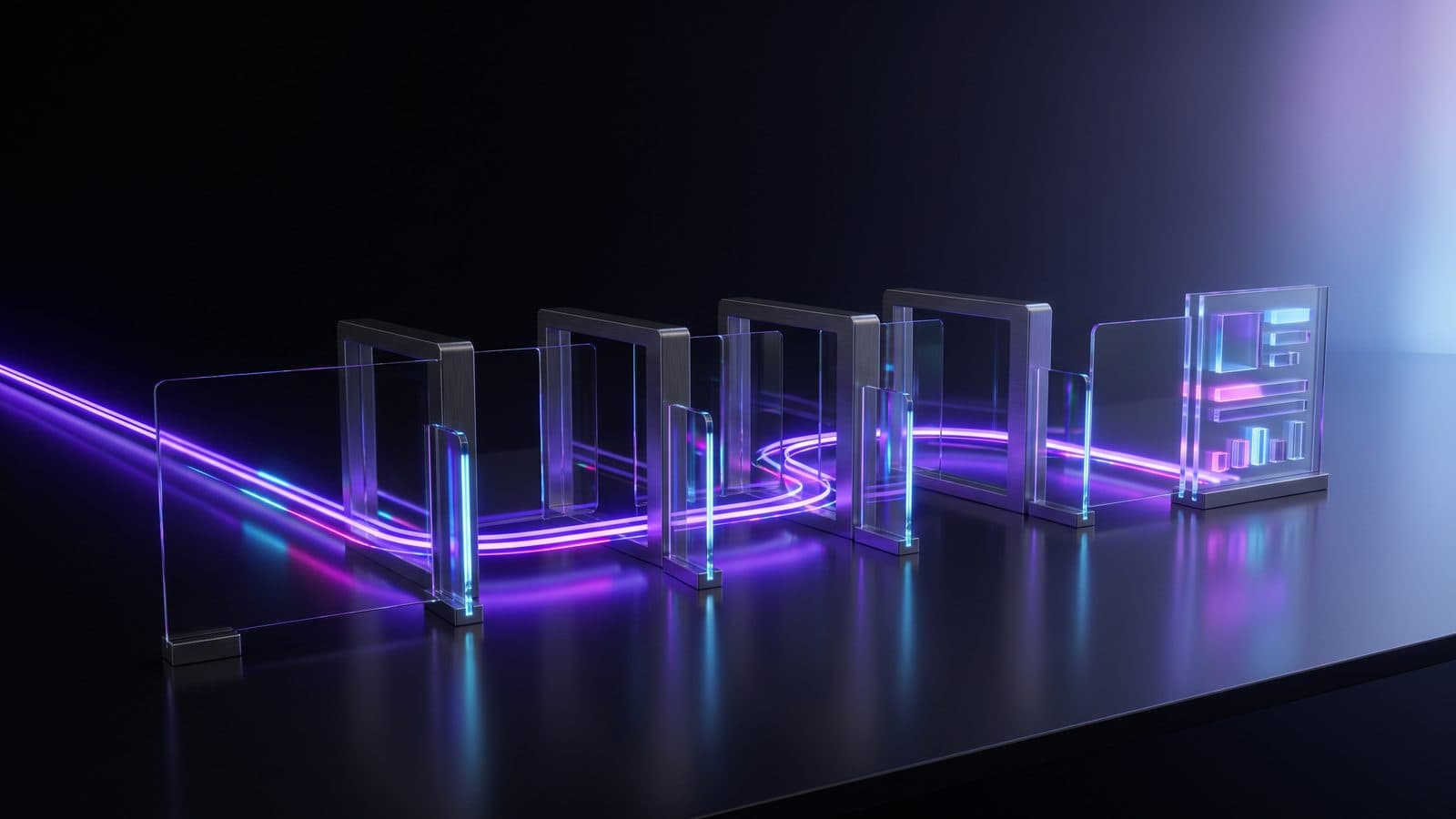 A row of glowing glass stations joined by a violet light path, with a small gate between each one, ends in a neat finished document resting on a dark desk at dawn.