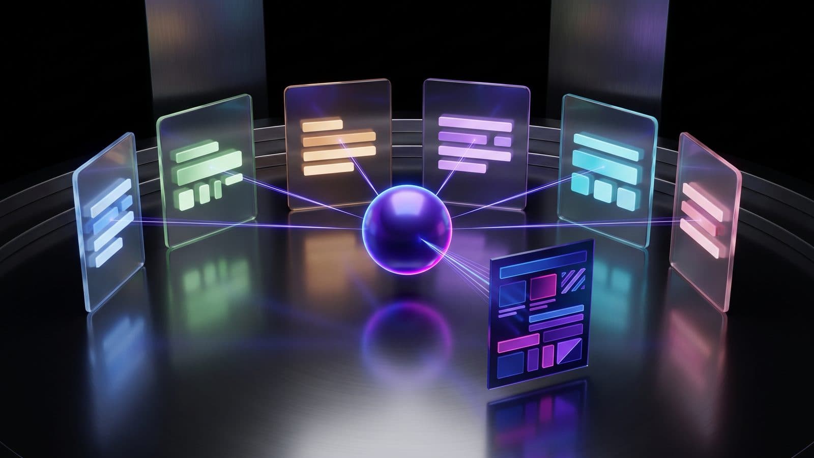 Six glass cards of glowing steps stand in an arc around a softly lit sphere, whose beams gather into one neatly ordered finished document.