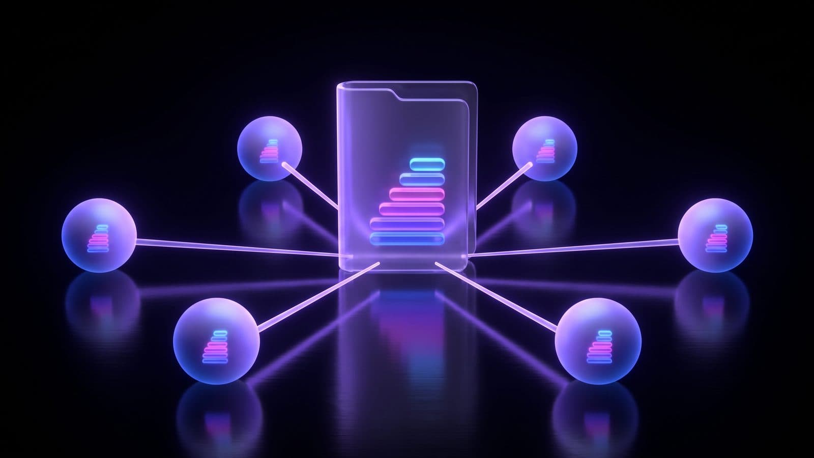 A single glowing glass folder sits at the centre of a dark room, sending identical violet beams to six small spheres arranged in a ring around it.