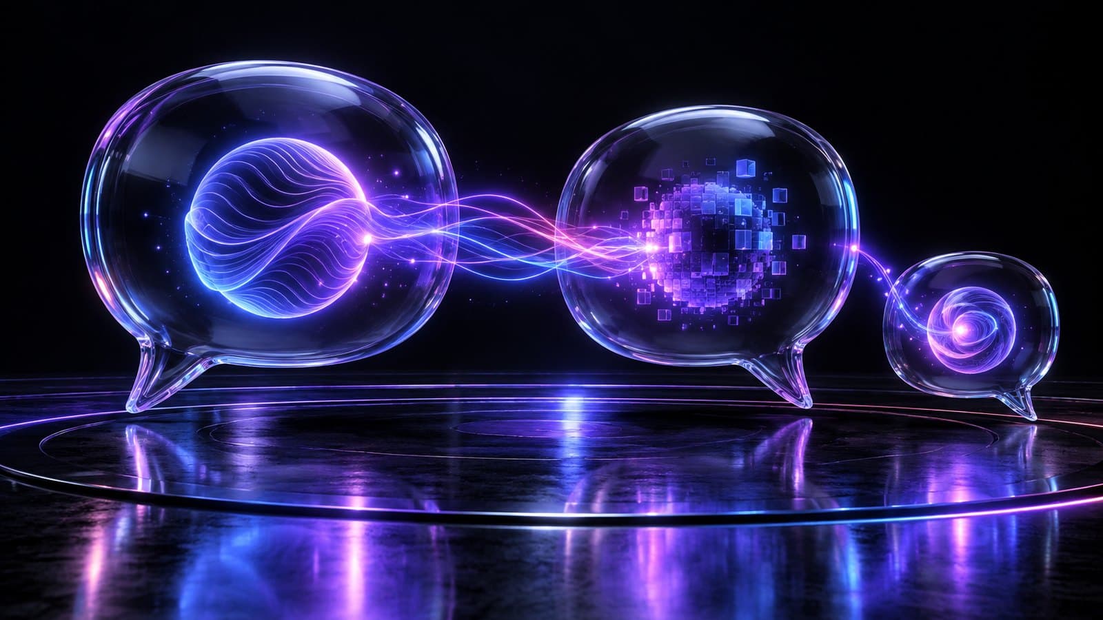 Two large glass speech bubbles facing each other exchange pulses of violet light while a third smaller bubble joins from the side, on a dark reflective floor.