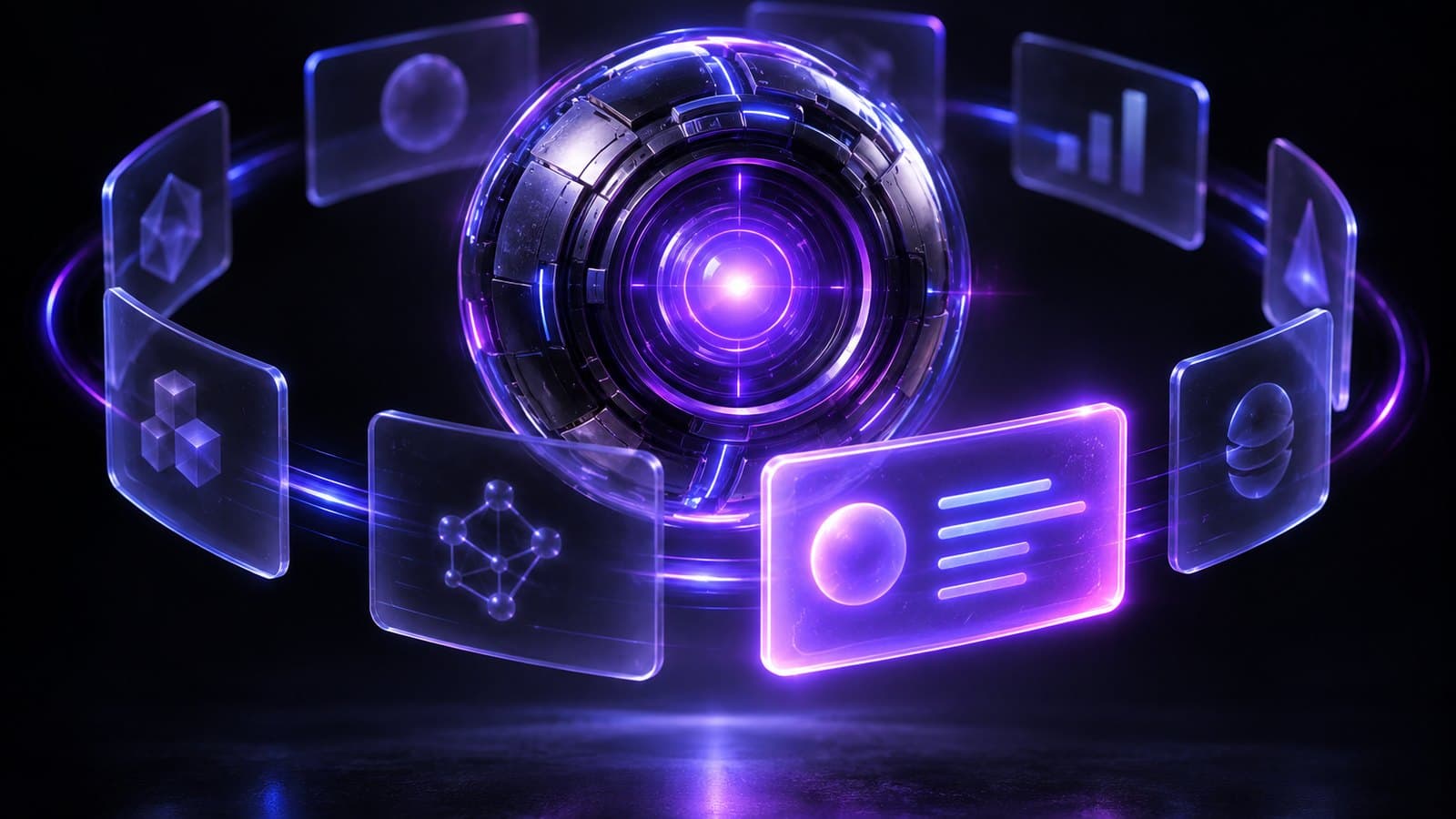 A glowing robot core inside a floating glass sphere spins a ring of translucent task cards around itself, one card lit as it works and the rest waiting.