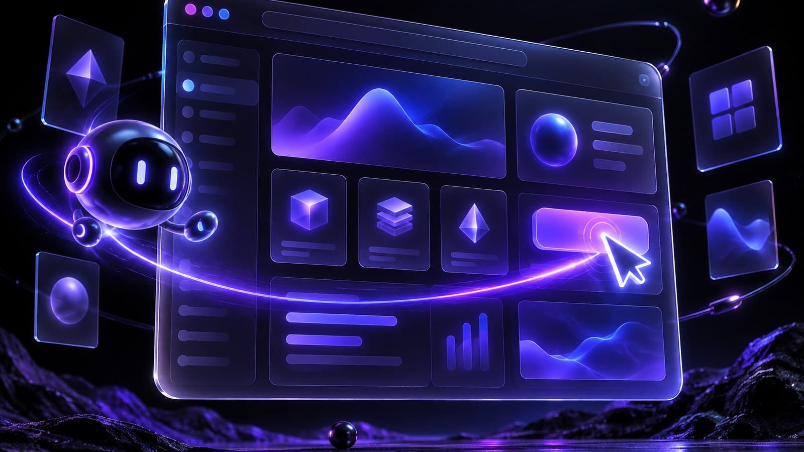 A translucent browser window floating in dark space with abstract glowing content blocks, and a bright cursor of violet light leaving a trail as it clicks a glowing button.