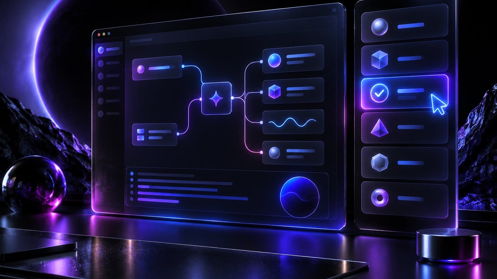 A large dark glass editor window with a glowing side panel of approval cards, one lit with a check glyph, and a cursor of light hovering over it.