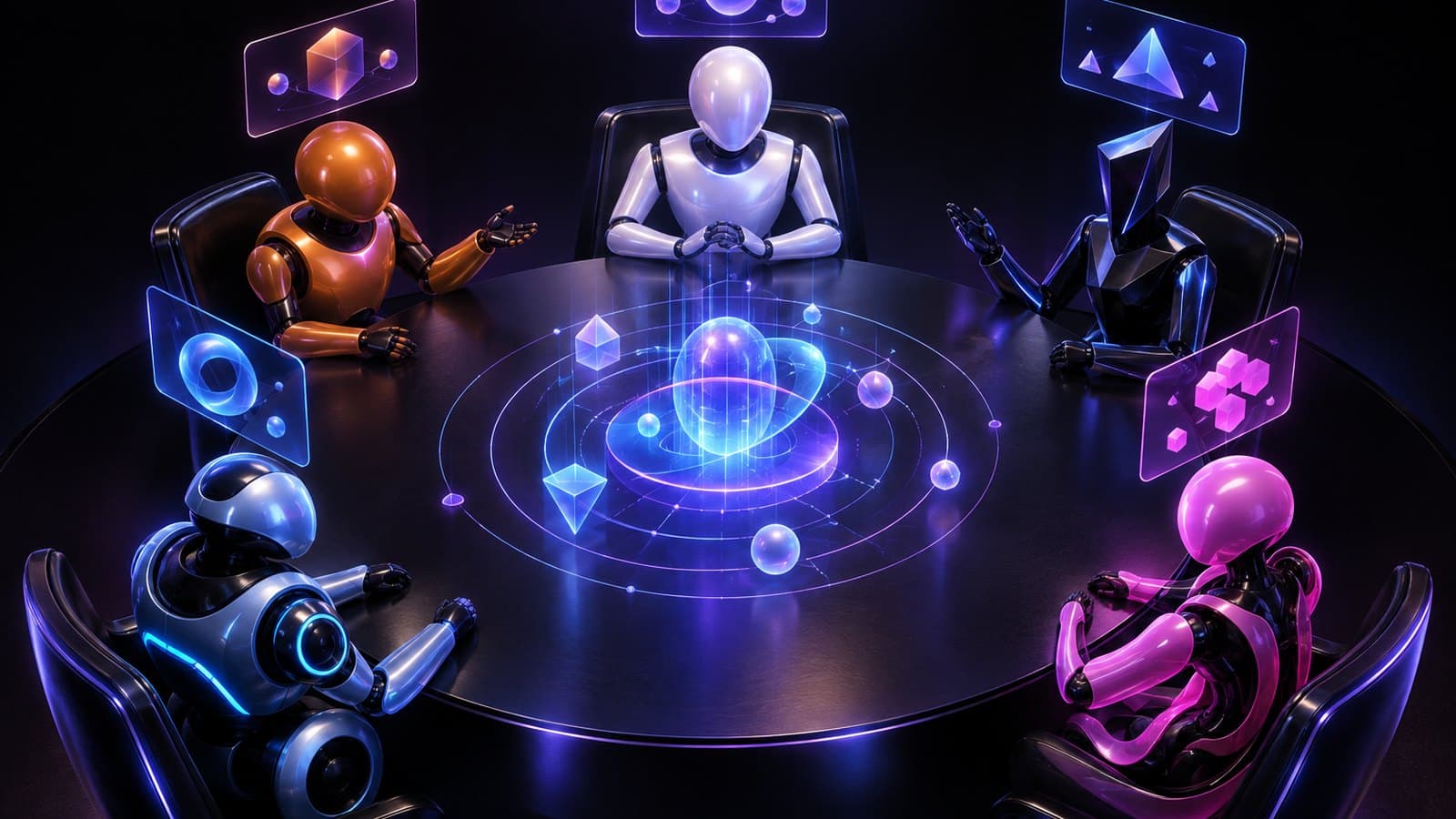 Five small glossy robot figures of different shapes and colors seated around a round dark table, each with a floating holographic card above its head and a shared glowing plan in the center.