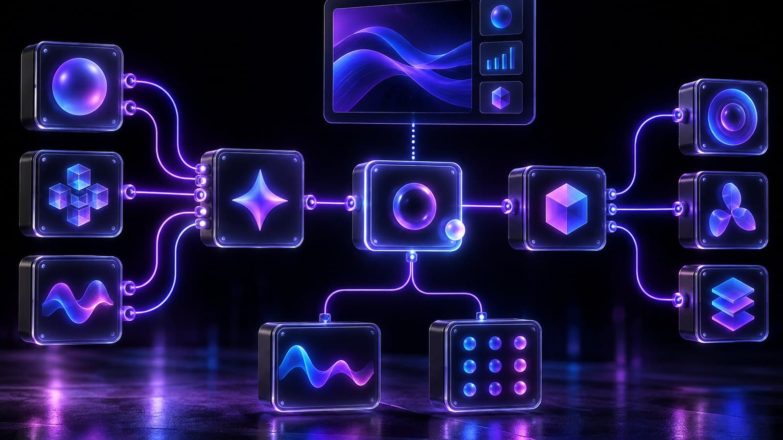 A wide canvas of glowing glass workflow nodes connected by violet wires, with a drag handle of light on one node and a small preview panel floating above.