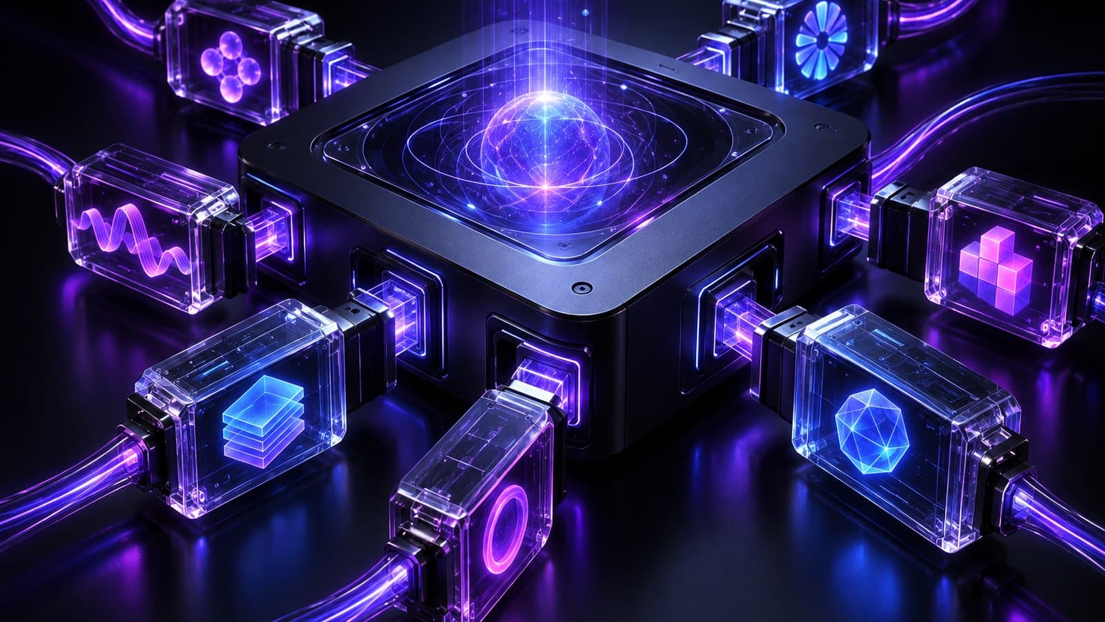 A dark desktop app window with a glowing center, small glass plug-in modules snapping into ports along its edge, connected by cables of violet light.