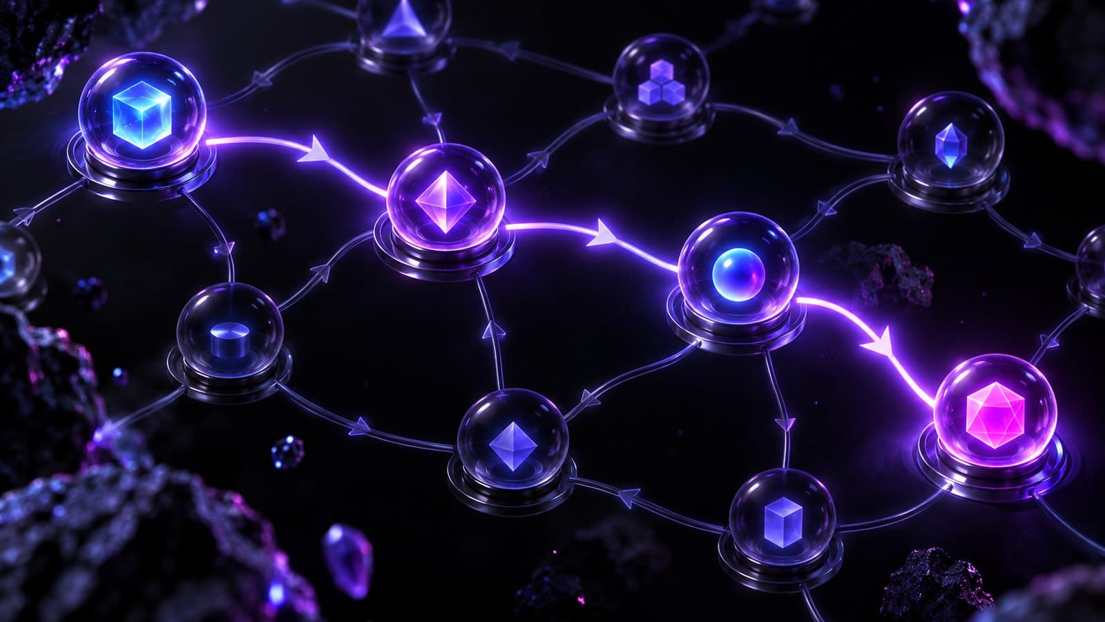 A directed graph of glass nodes floating in dark space, connected by luminous violet lines, with one path through the graph lit while the rest stay dim.
