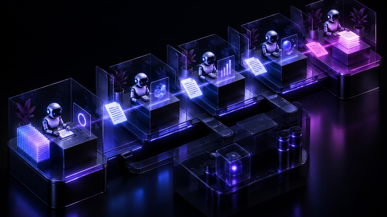 An isometric miniature office made of dark glass, a row of small glowing desks in a pipeline from left to right, a document sheet of light moving between them, tiny robot figures at each desk.