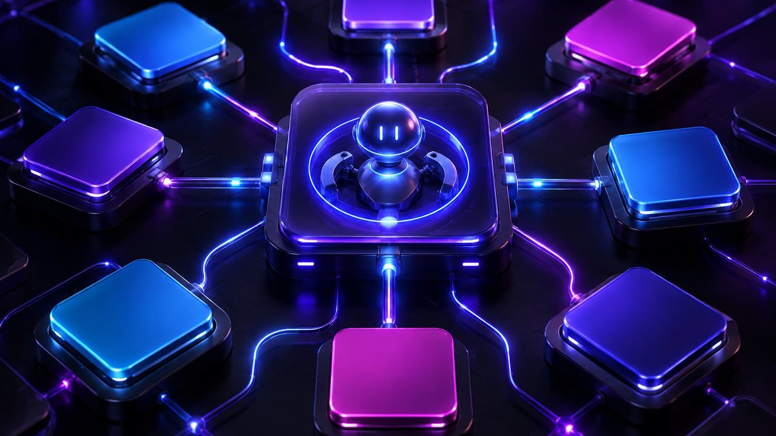 A mesh of blank, colour-coded app tiles wired together by glowing violet and indigo lines on a dark background, with one tile showing an abstract glyph acting as the agent step.