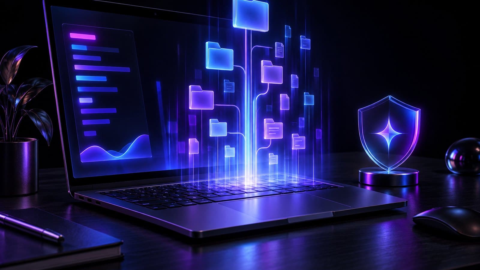 A laptop on a dark desk with a glowing terminal window, a folder tree of light rising from the keyboard, and a small glass shield glyph beside it.