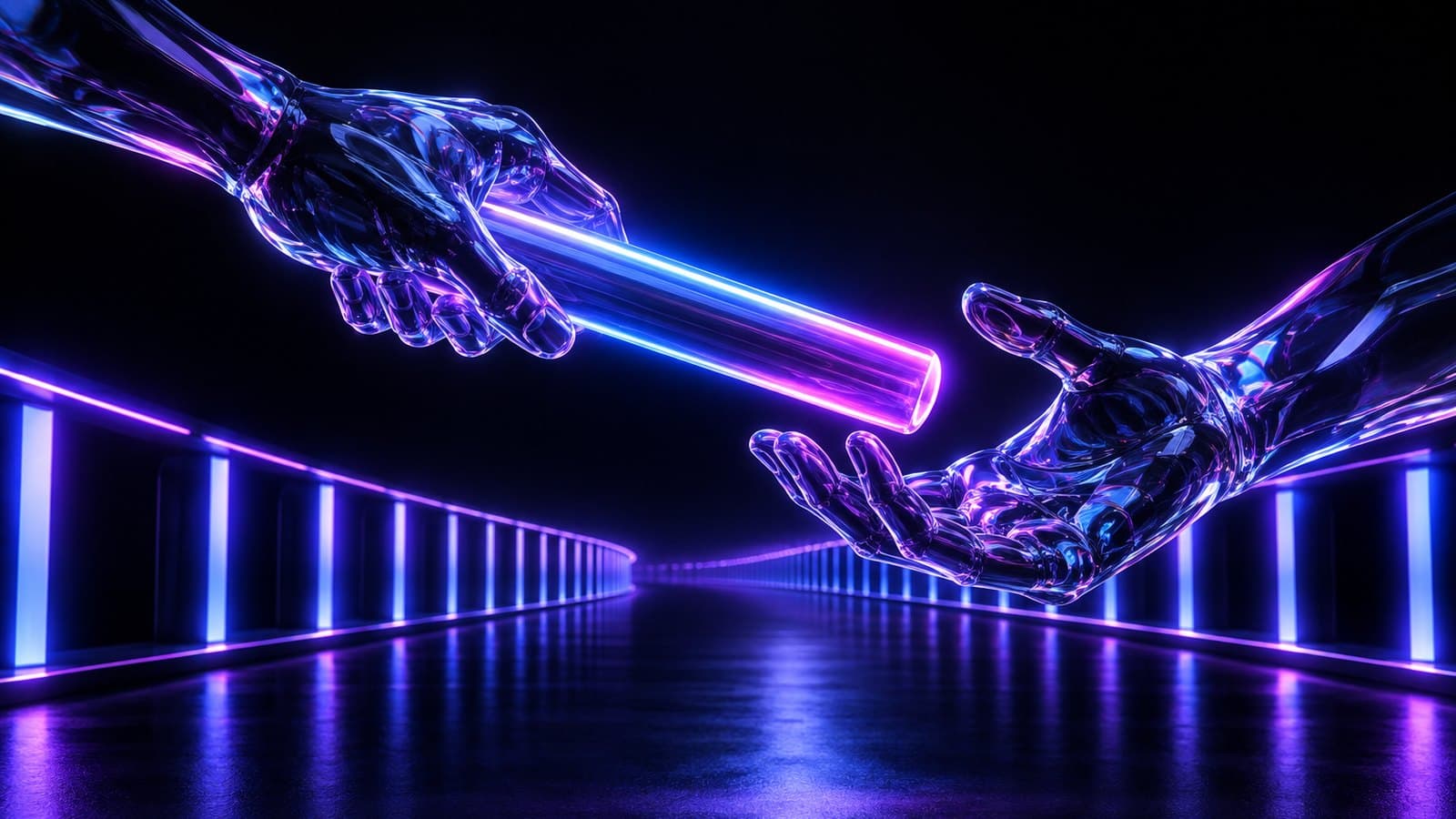 Two glossy glass hands pass a glowing baton along a lane bordered by luminous guardrail bars, against a dark background.