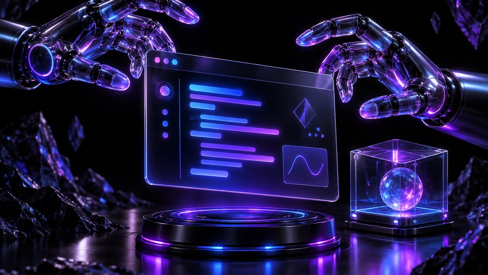 A pair of glossy translucent robot hands hover over a floating terminal window showing abstract glowing command bars, with a small glass sandbox cube beside it.