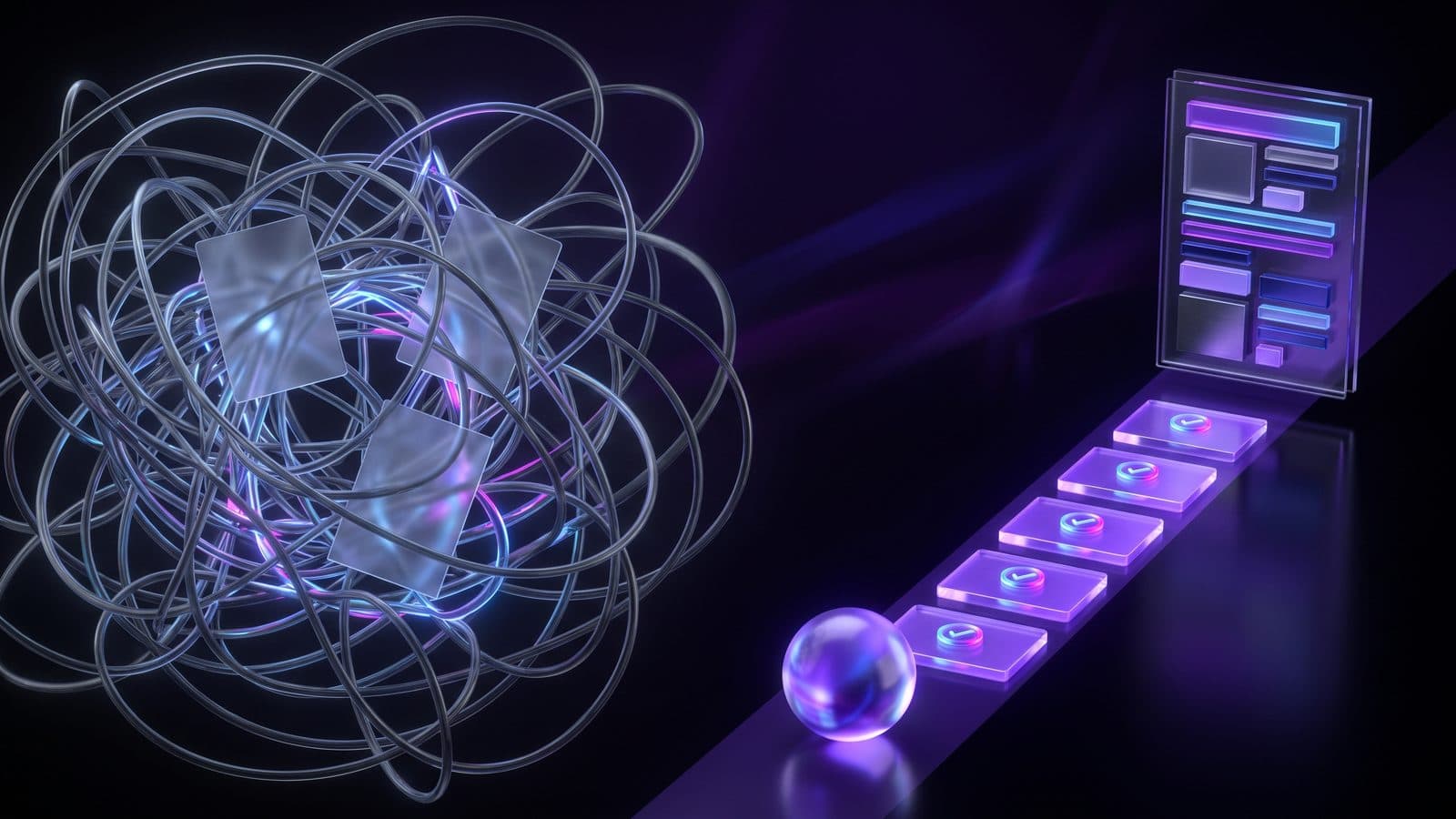 A tangle of glowing loops circles back on itself on the left, while on the right a single straight path of lit steps runs cleanly to a finished panel.