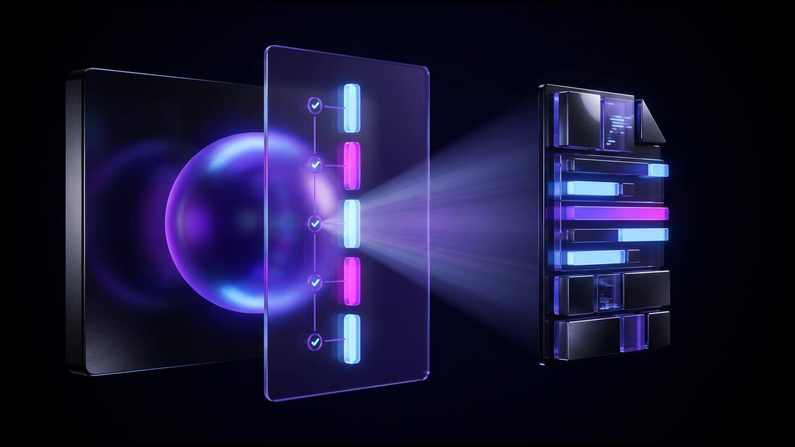 A glass card of glowing steps floats in front of a softly lit sphere whose beam passes through it and lands as a neatly ordered finished document.