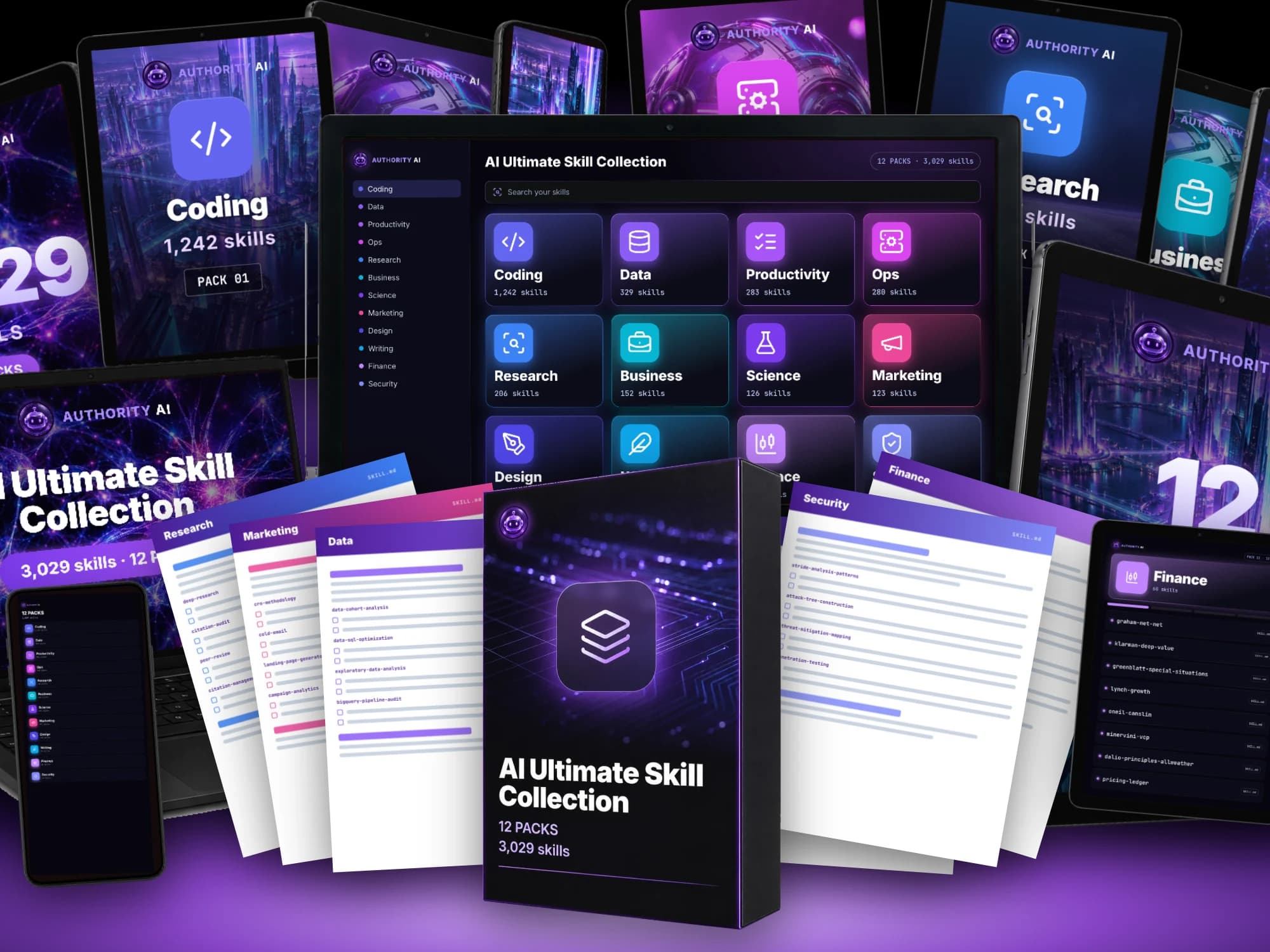 The AI Ultimate Skill Collection shown on tablets, phones and a monitor, with the collection box in front