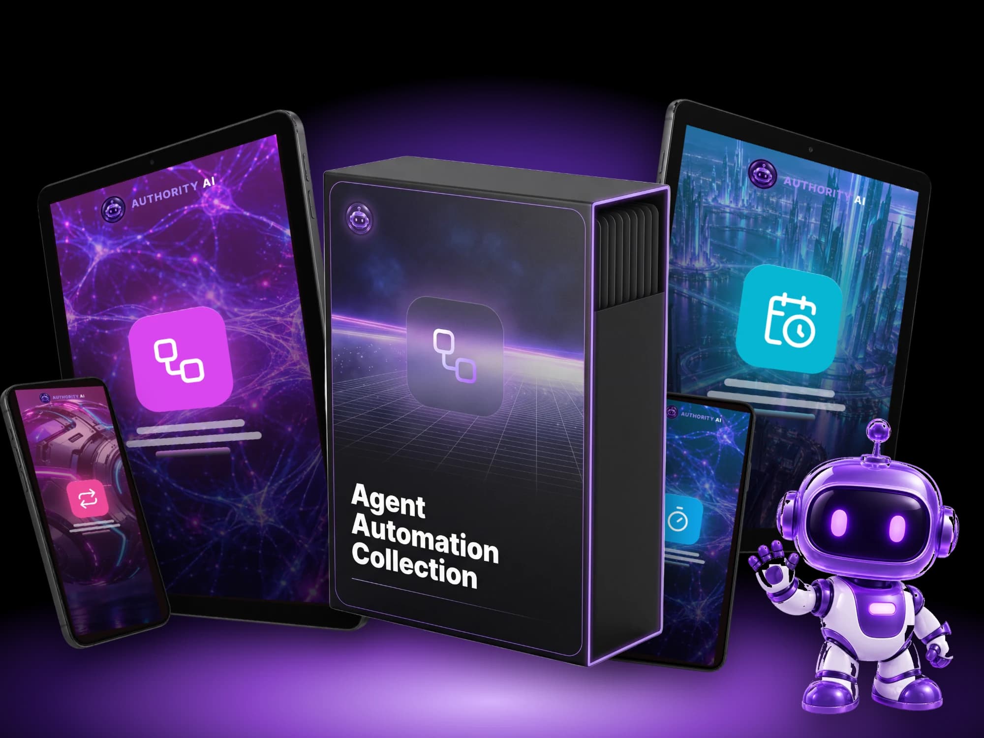 The Agent Automation Collection box with tablets and phones around it