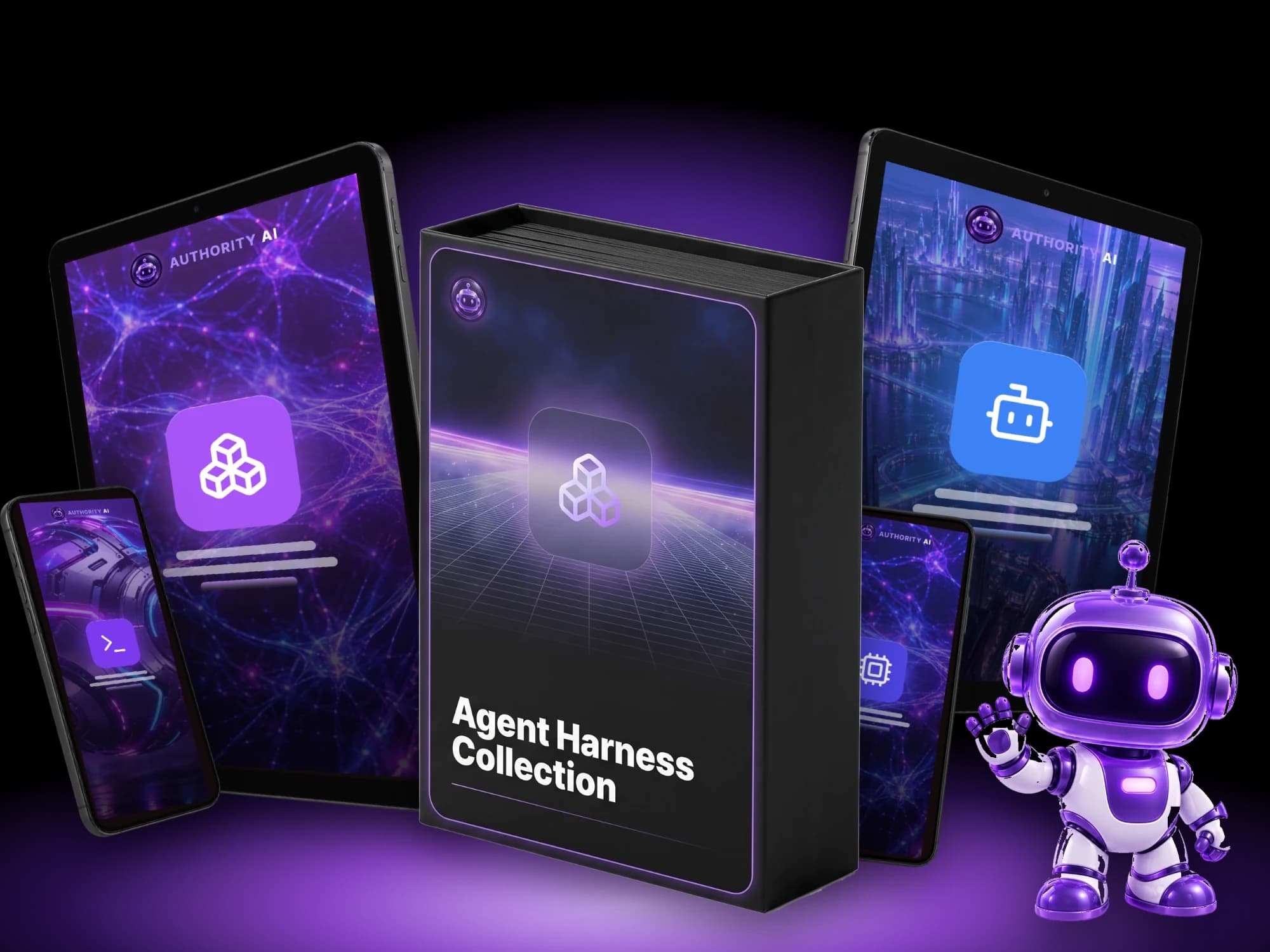 The Agent Harness Collection box with tablets and phones around it