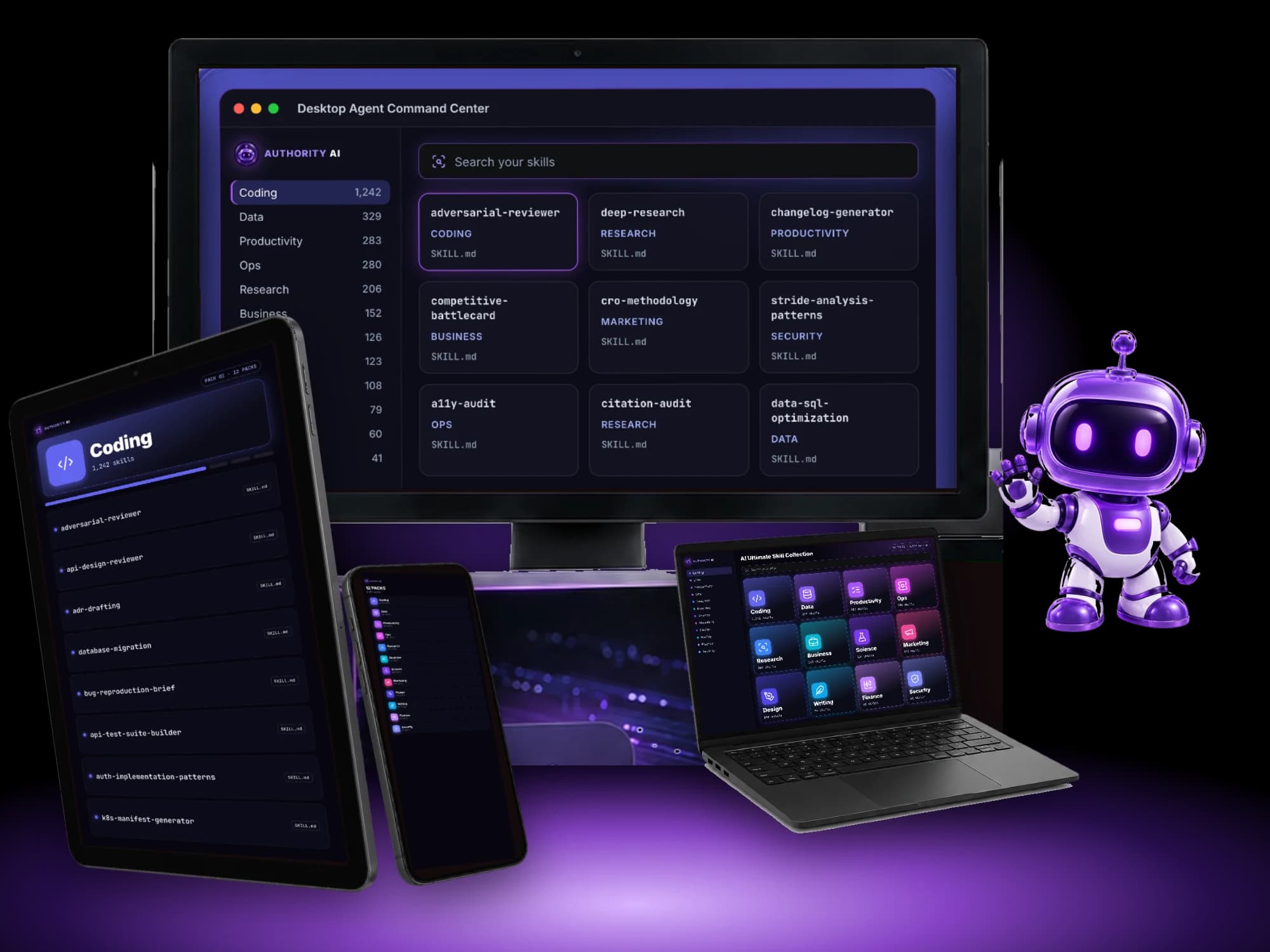 The Desktop Agent Command Center window on a monitor, with a tablet, a phone and a laptop